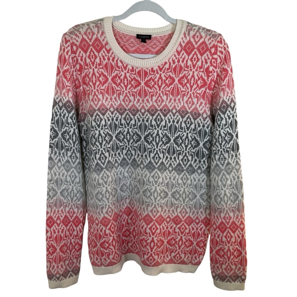 Talbots Fair Isle Gray, Coral, And White Wool-Blend Ombre Women’s Sweater.  Sz L